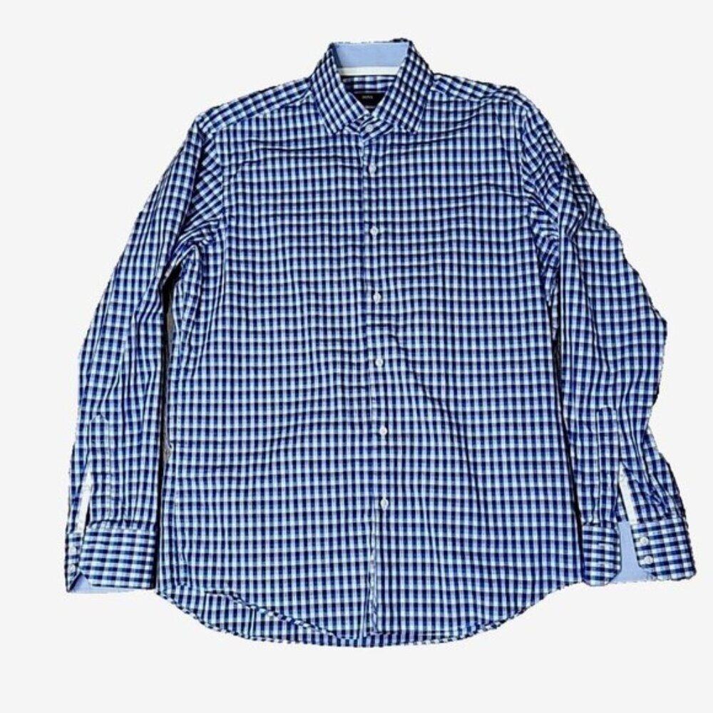 Boss Hugo Boss Eraldin Men's Regular Fit Blue Checkered Dress Shirt Neck 16"